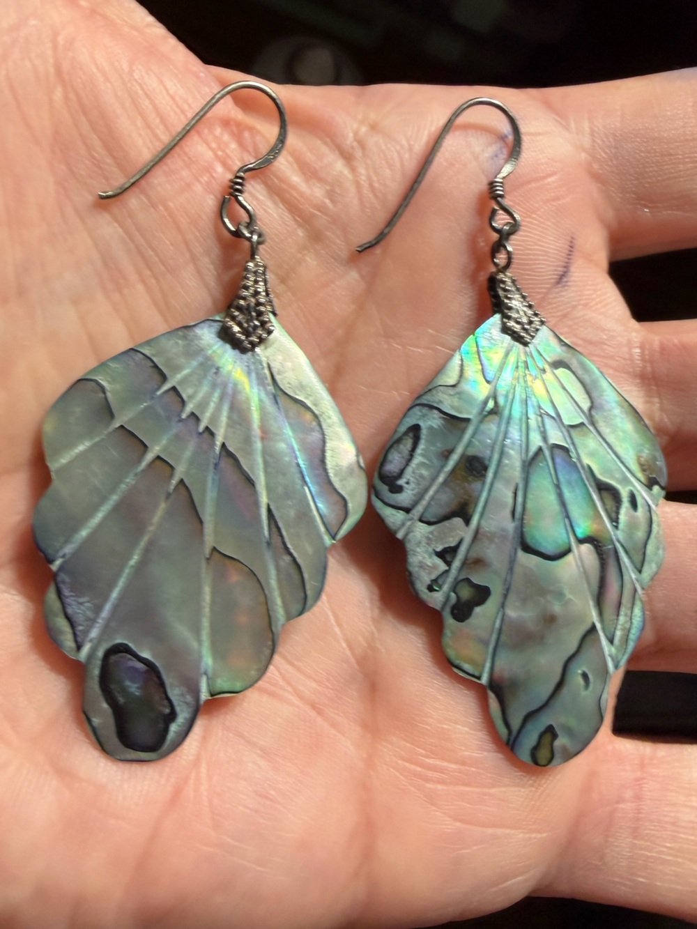 Vintage 900 Sterling Silver Abalone Shell Leaf Drop Earrings